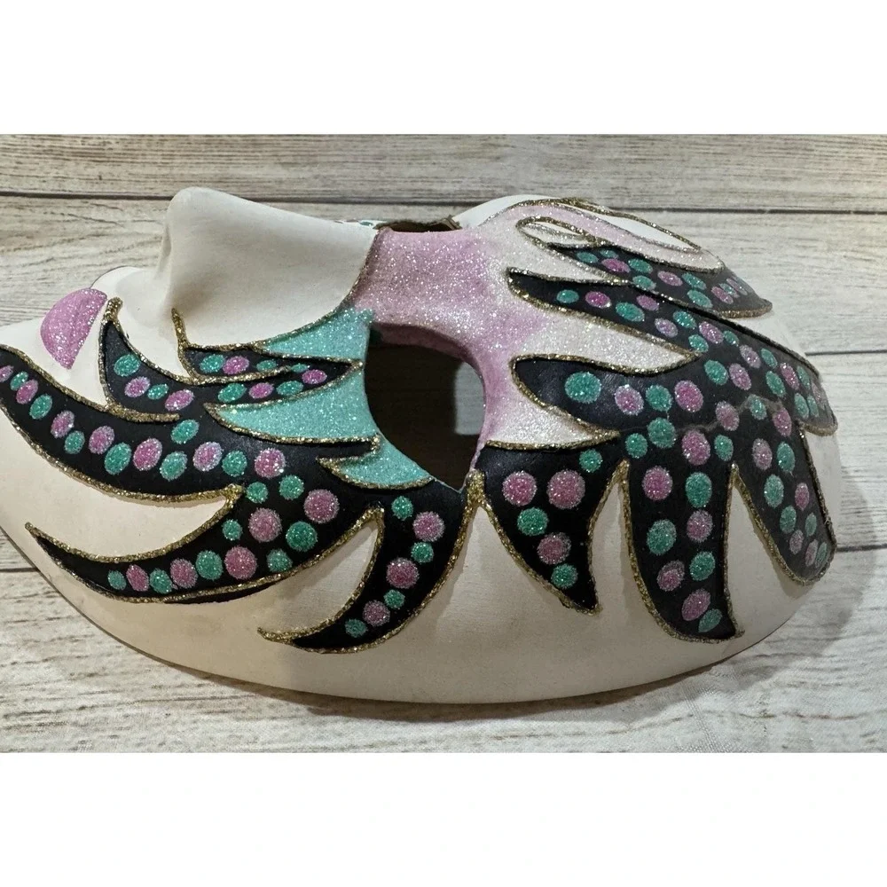 Vintage Hand Painted Masquerade Ceramic Porcelain Mask Pink Green Black 80's